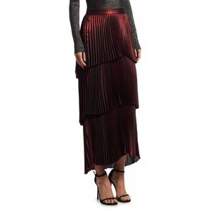 ALC Metallic Burgundy Red Pleated Maxi Skirt